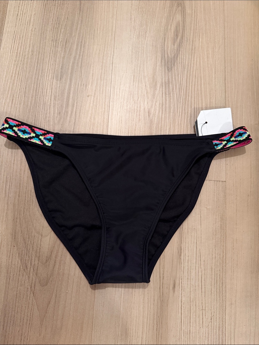 Xhilaration Black Bikini Bottom with Multicolor Woven Side Trim
